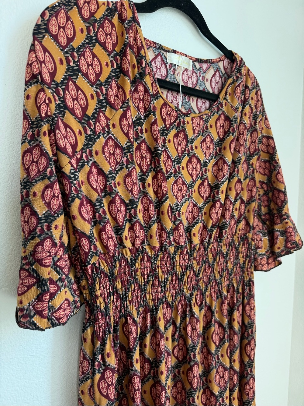 Ace Fashion Mustard and Burgundy Printed Smocked Waist Dress